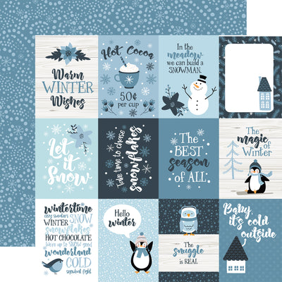 Collection of winter-themed cards with text and illustrations with a blue snowy background on the reverse.