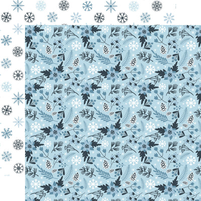Patterned paper with floral design and snowflakes on a light blue background