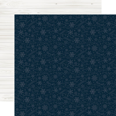 (Side A - featuring various stylized snowflakes and swirling lines or wind patterns in a slightly lighter shade of blue on a dark blue background, Side B - white horizontally laid light-colored wooden planks)