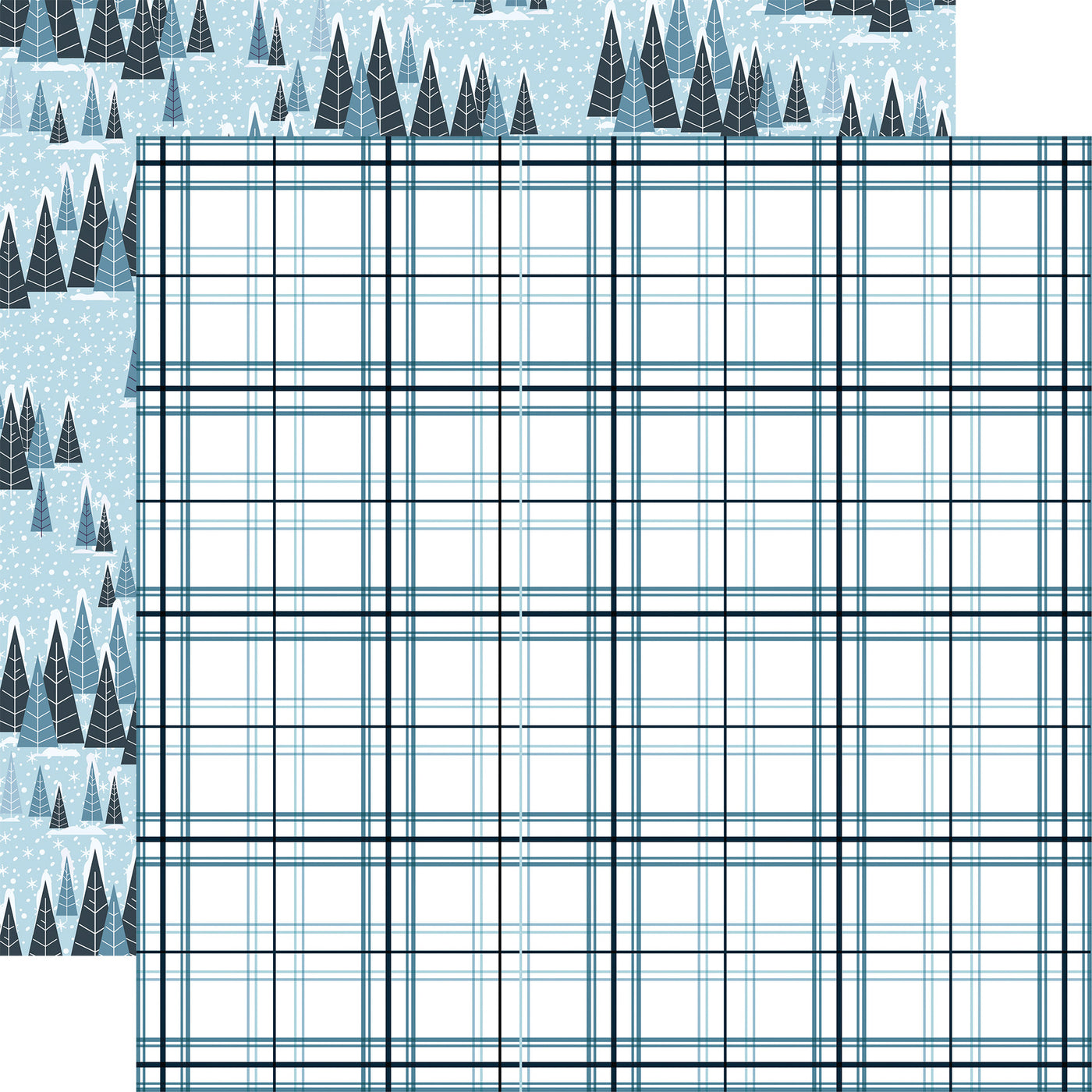 Plaid pattern with trees on a blue background on the reverse.