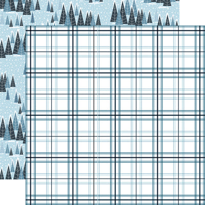 Plaid pattern with trees on a blue background on the reverse.