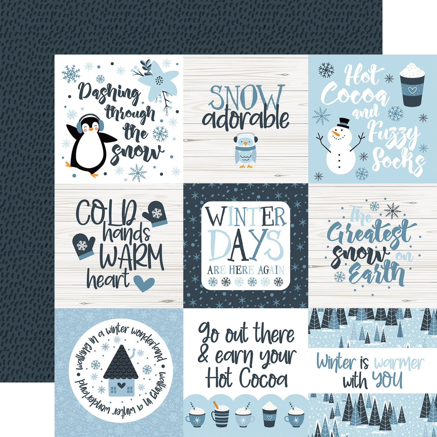 Collection of winter-themed cards with text and graphics with a blue pattern background reverse.