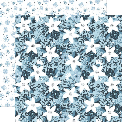 Floral pattern with white flowers and blue leaves on a matching background with blue snowflakes reverse.