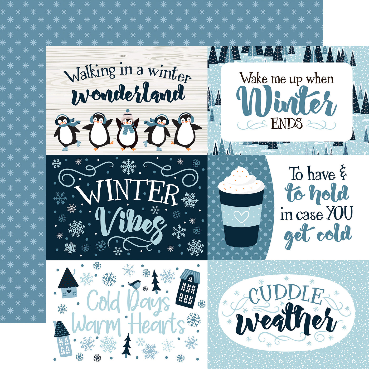Collage of winter-themed cards with penguins, hot chocolate, and snowy landscapes with a blue background reverse.