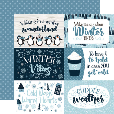 Collage of winter-themed cards with penguins, hot chocolate, and snowy landscapes with a blue background reverse.