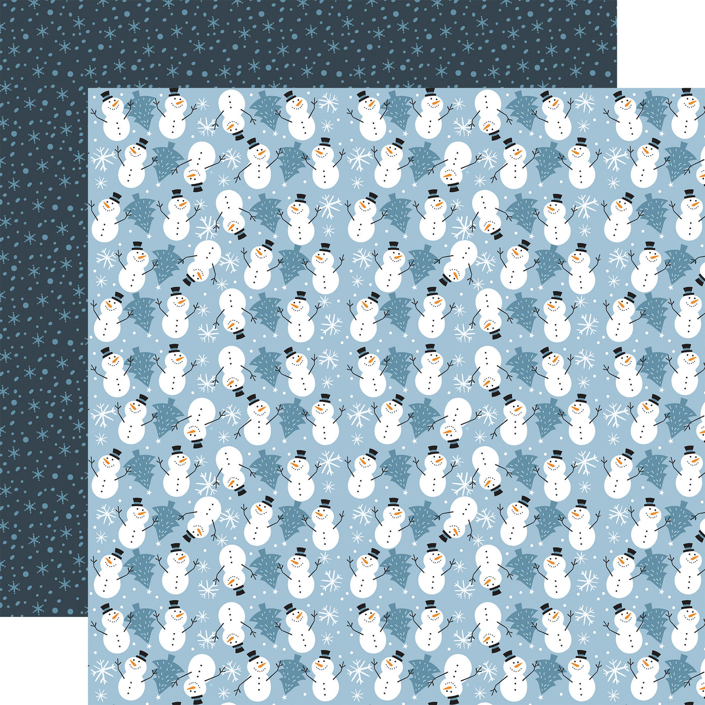 Patterned paper with snowmen and snowflakes on a blue background