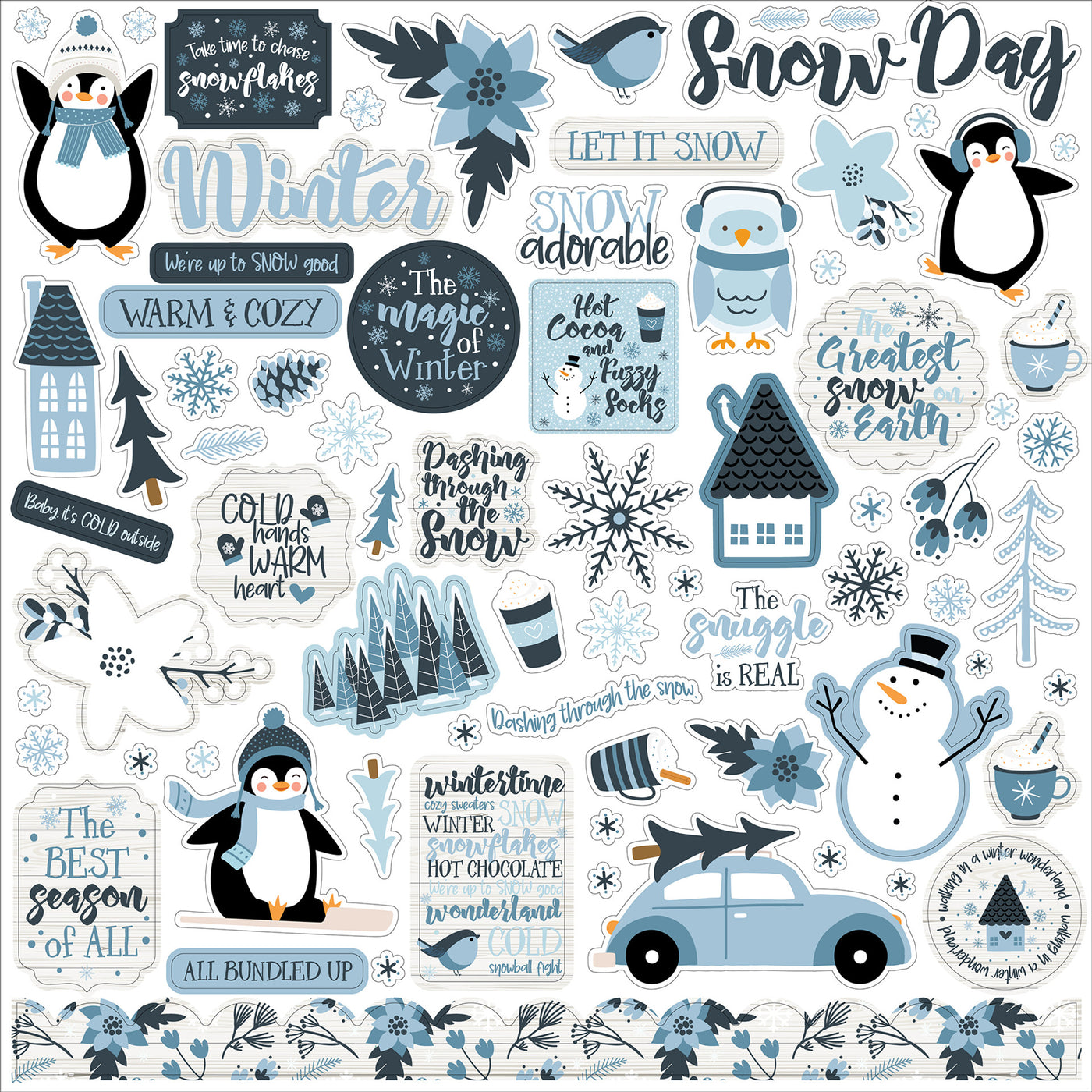 The Magic of Winter Elements 12" x 12" Cardstock Stickers from the Magic of Winter Collection by Echo Park. These stickers include snowmen, penguins, snowflakes, cups of hot chocolate, phrases, banners, and more!