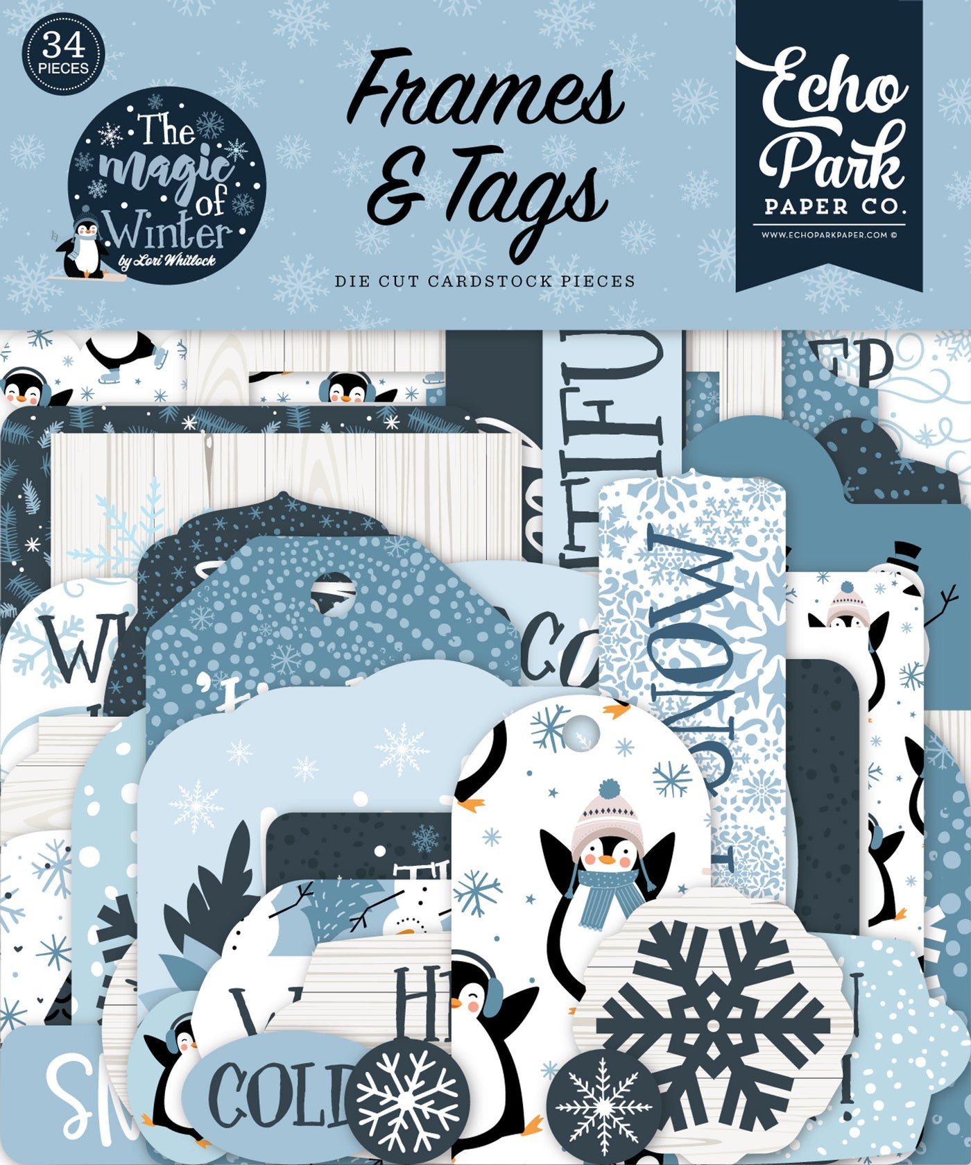 The Magic of Winter Frames & Tags Die Cut Cardstock Pack includes 34 die-cut shapes ready to embellish any project.