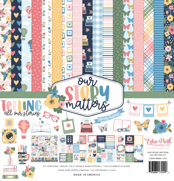 OUR STORY MATTERS 12x12 Collection Kit from Echo Park Paper - Twelve double-sided papers with a storytelling theme. 12x12 inch textured cardstock. Includes Element Sticker Sheet, Echo Park Paper Co.