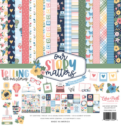 OUR STORY MATTERS 12x12 Collection Kit from Echo Park Paper - Twelve double-sided papers with a storytelling theme. 12x12 inch textured cardstock. Includes Element Sticker Sheet, Echo Park Paper Co.