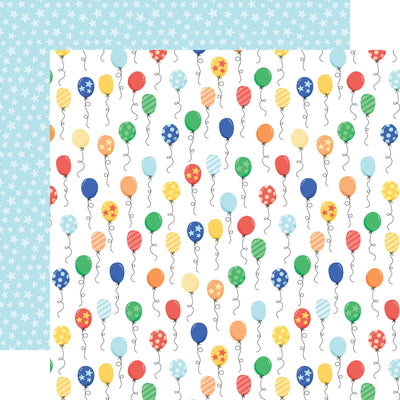 12x12 double-sided multi-colored patterned paper - (colorful birthday balloons with strings on a white background, light blue stars on a baby blue background reverse) - from Echo Park Paper.