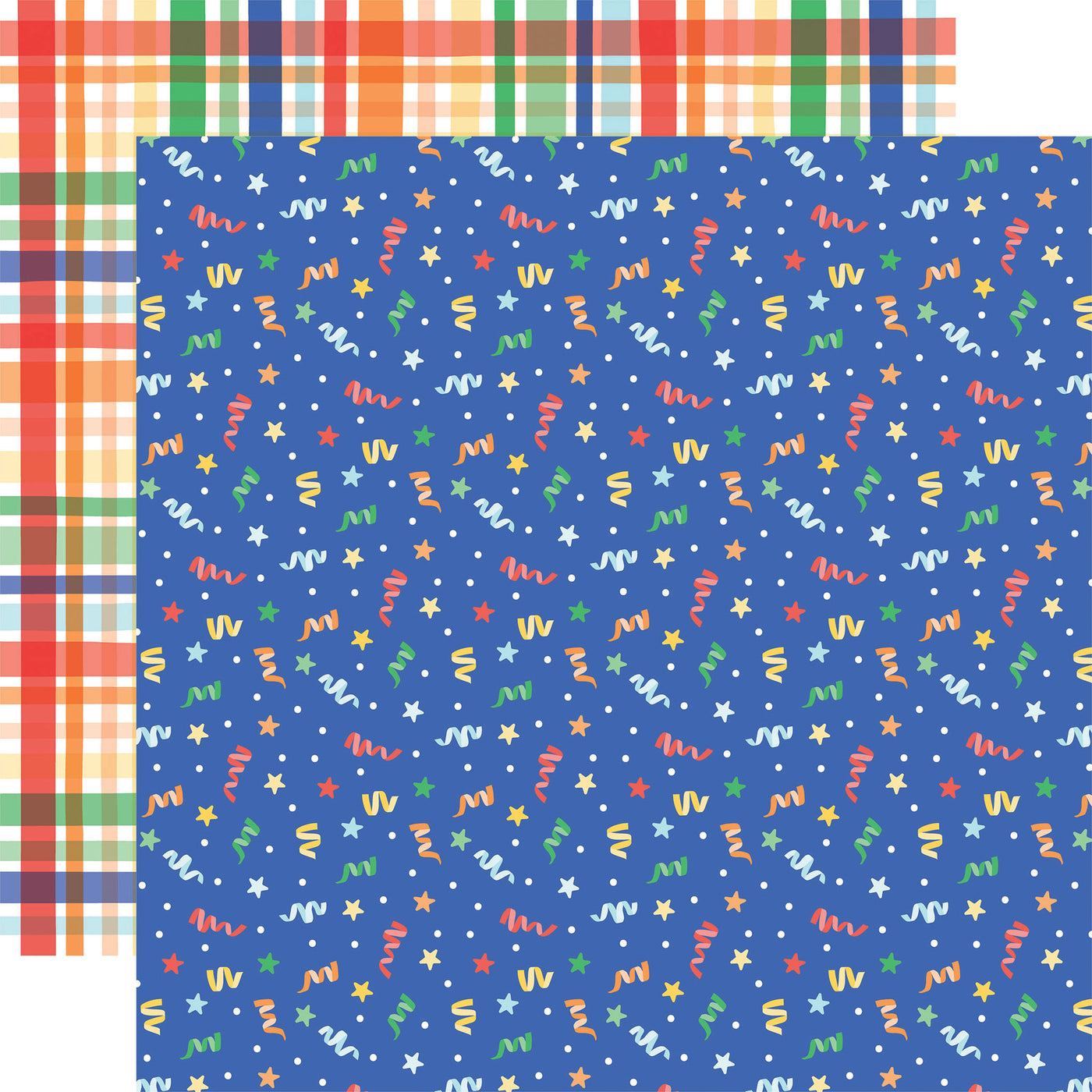 12x12 double-sided multi-colored patterned paper from Echo Park Paper (colorful birthday confetti on a blue background, colorful plaid in coordinating colors on a white background reverse)