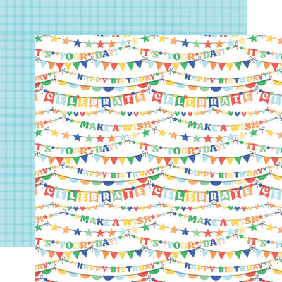 12x12 double-sided multi-colored patterned paper from Echo Park Paper (colorful birthday banners on a white background, blue plaid on a baby blue background reverse)