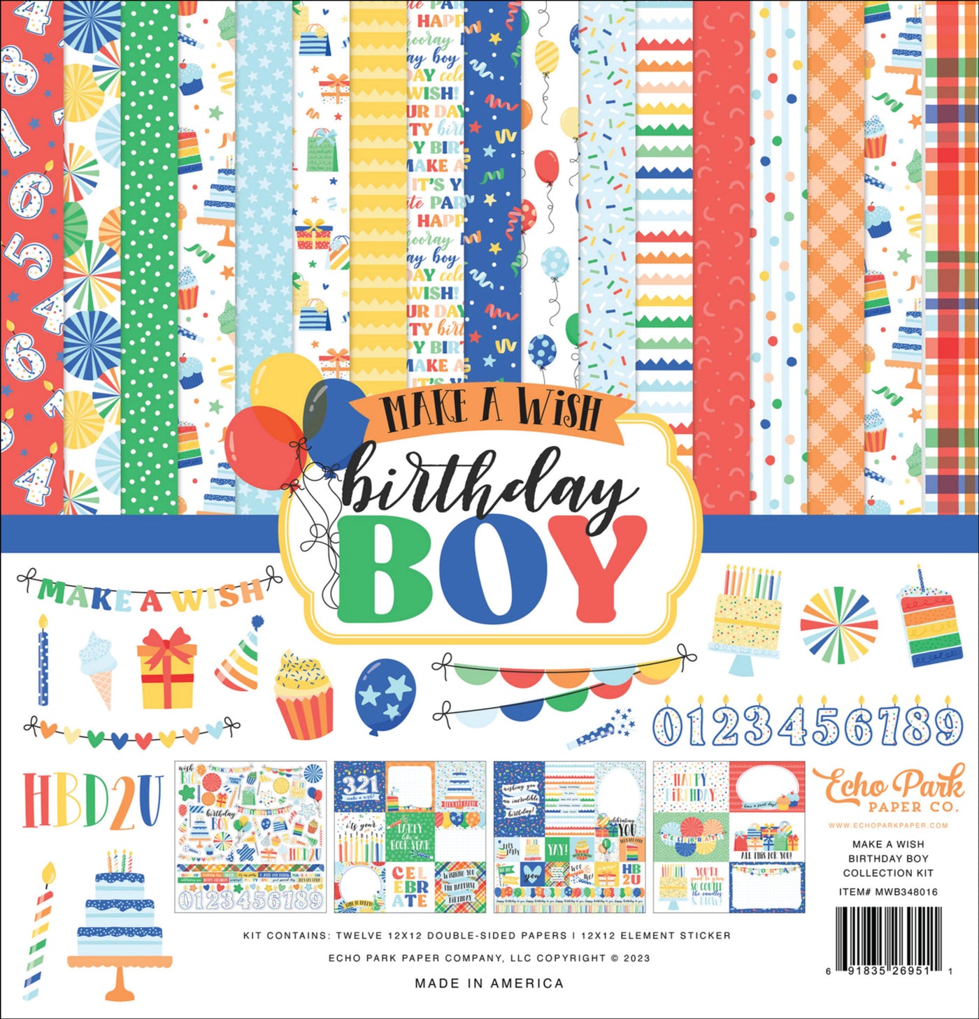 Twelve double-sided papers with party colors and themes focused on a boy's birthday. 12x12 inch textured cardstock; includes Element Sticker Sheet.