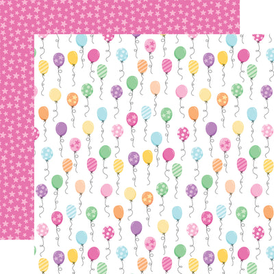 12x12 double-sided multi-colored patterned paper - (colorful pastel birthday balloons with strings on a white background, light pink stars on a bright pink background reverse) - from Echo Park Paper.