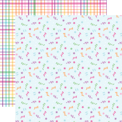 12x12 double-sided multi-colored patterned paper - (colorful pastel birthday confetti with stars on a light blue background, pastel plaid in coordinating colors on a white background reverse) - from Echo Park Paper.