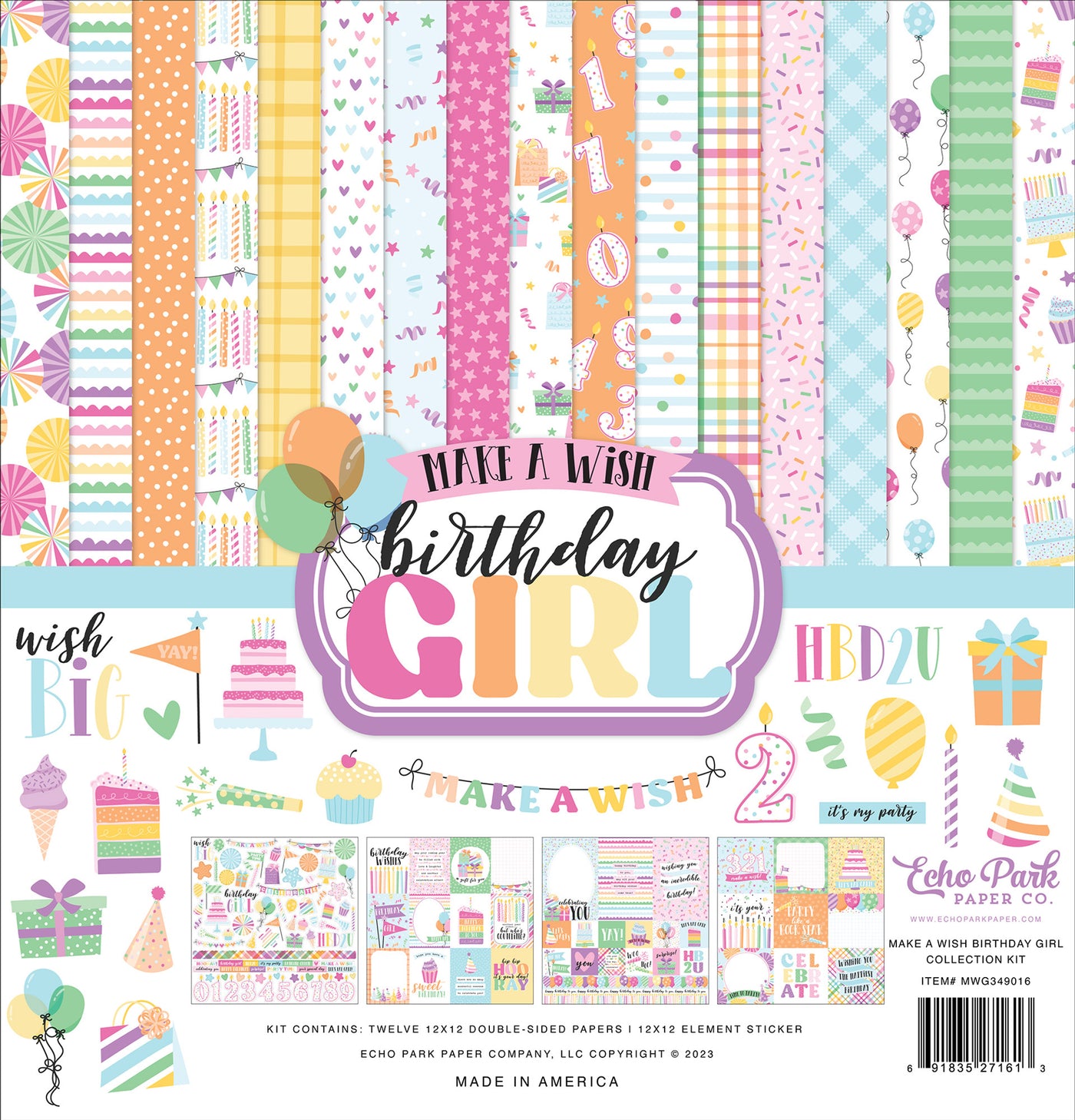 Twelve double-sided papers with party colors and themes focused on a girl's birthday. 12x12 inch textured cardstock; includes Element Sticker Sheet.