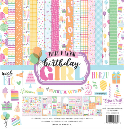 Twelve double-sided papers with party colors and themes focused on a girl's birthday. 12x12 inch textured cardstock; includes Element Sticker Sheet.