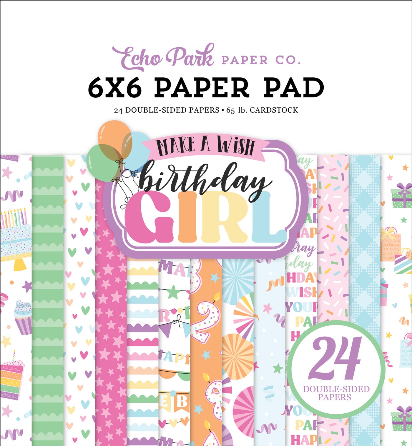 6x6 pad with 24 double-sided sheets. Scaled-down images are great for card making and similar crafts. This pad features pastel colored birthday theme.