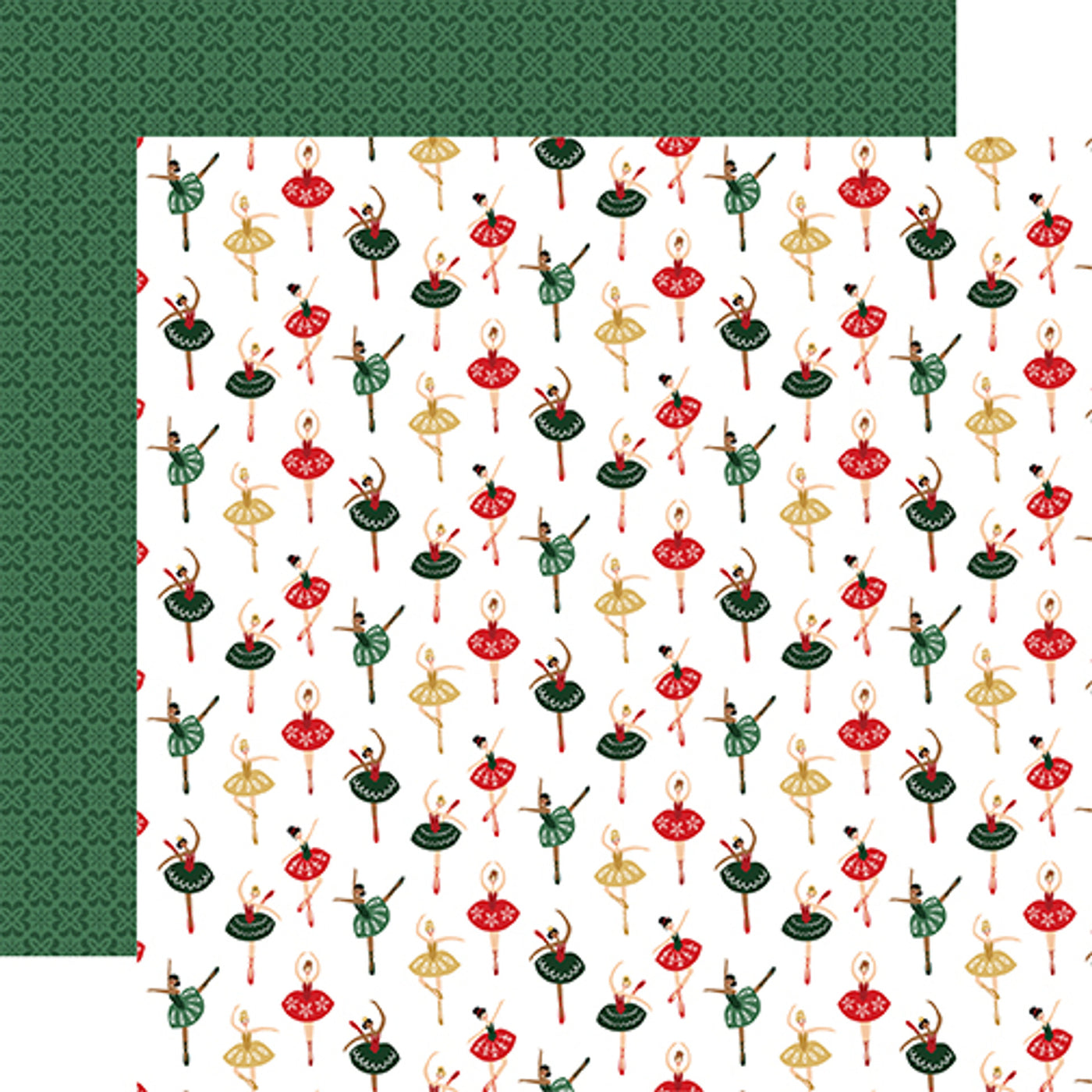 (Side A - &nbsp;a delightful dance of ballerinas on a white background. Each ballerina is adorned in red, green, and gold festive colors, with intricate snowflake designs woven into their costumes. They gracefully twirl in various positions, creating a sense of movement and joy. Side B - a rich, deep green background adorned with a delicate, intricate pattern of overlapping four-leaf clover shapes)