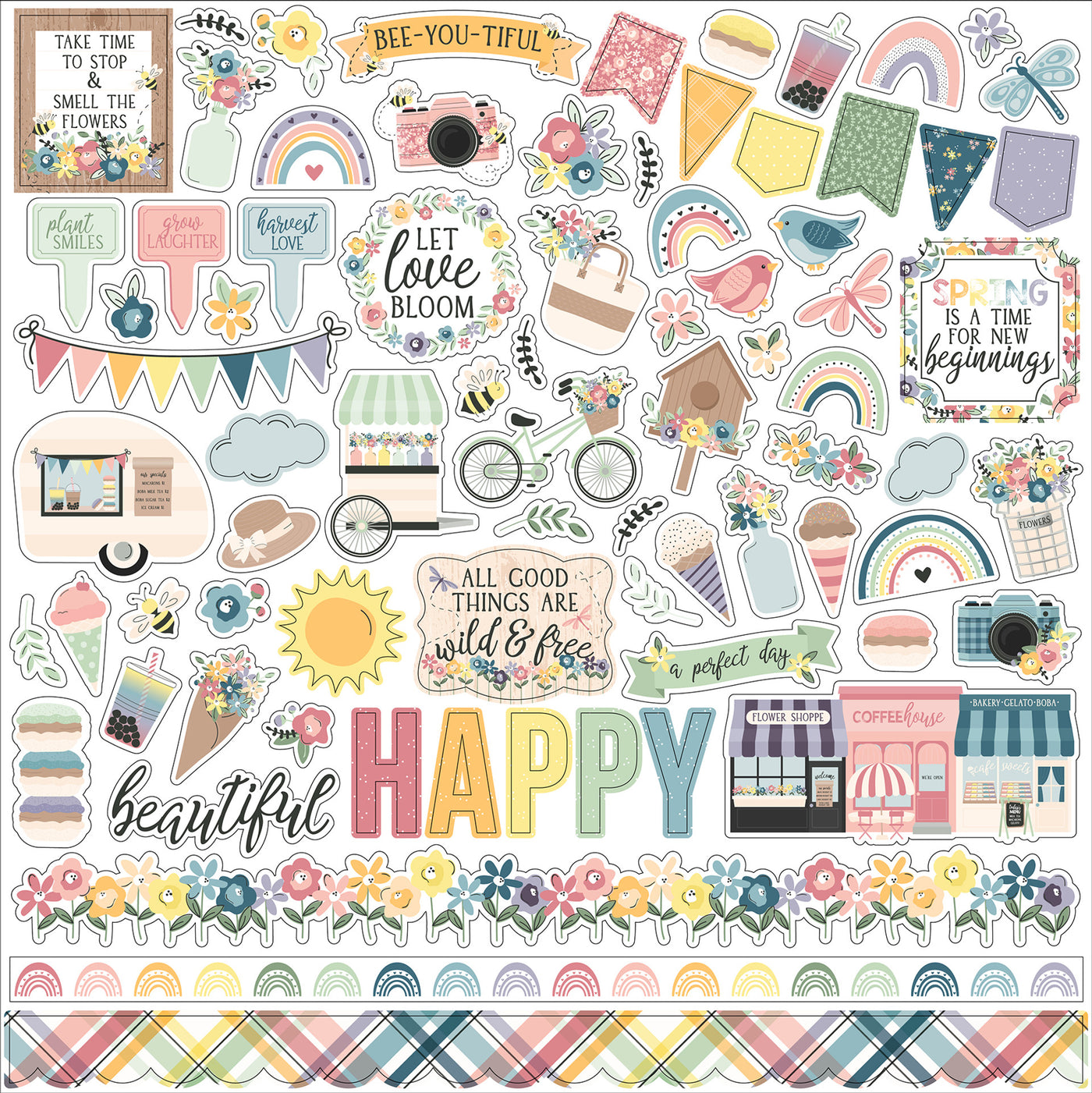 New Day Elements 12" x 12" Cardstock Stickers from the New Day Collection by Echo Park. These stickers include a camping trailer, flowers, a bicycle, phrases, borders, and more!