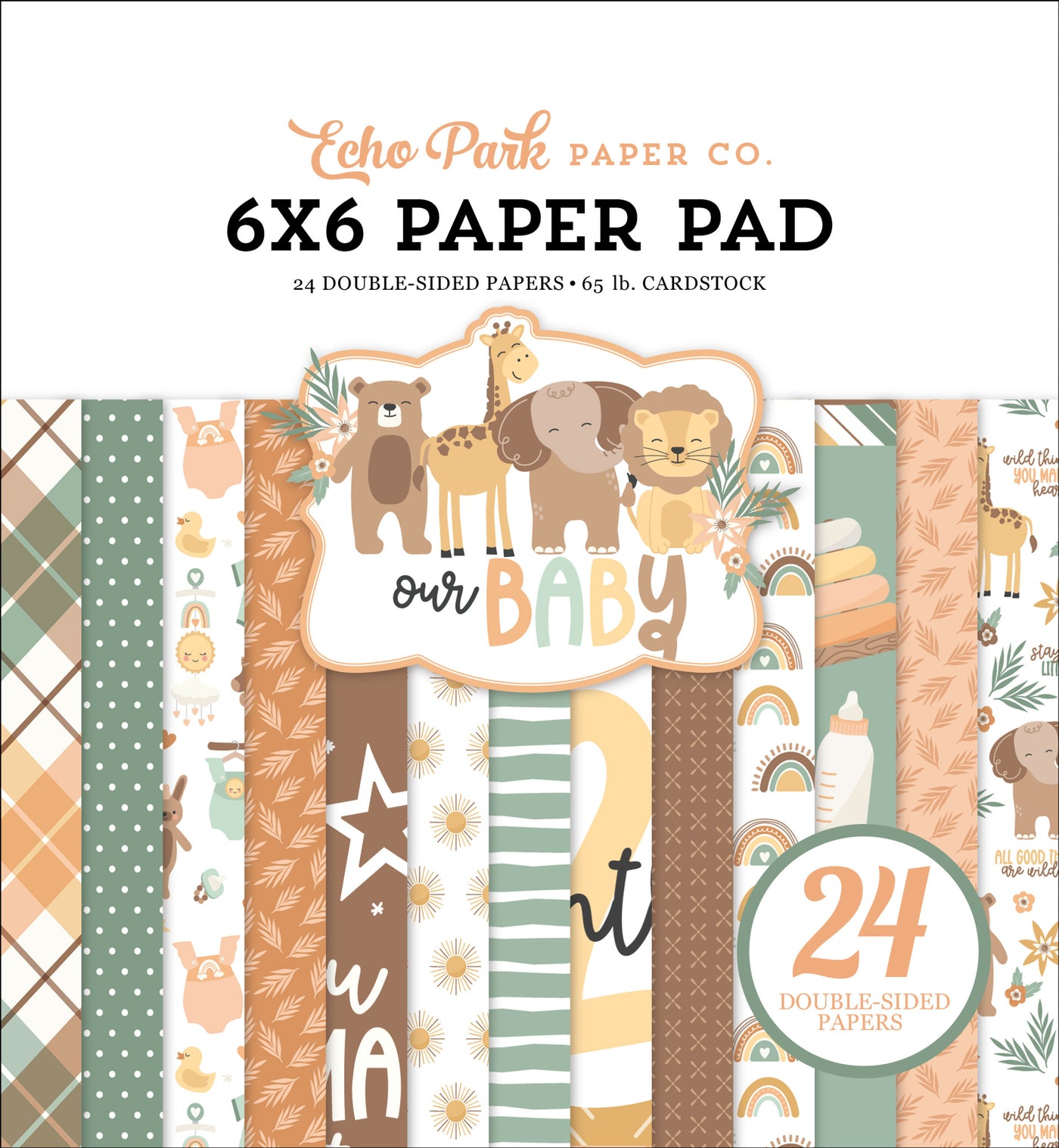 Great patterns in neutral baby colors to help you spread the great news. 6x6 pad with 24 double-sided pages great for cards. By Echo Park Paper.