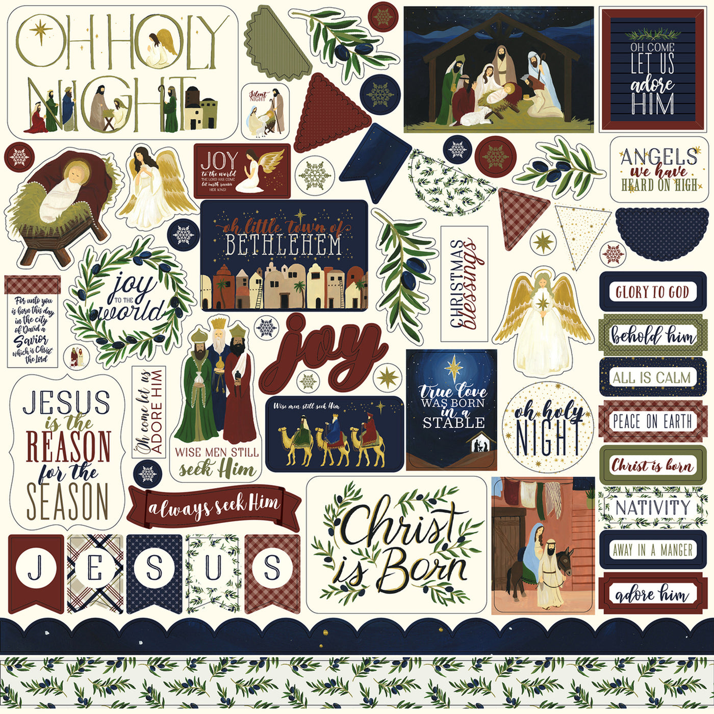 Oh Holy Night Elements 12" x 12" Cardstock Stickers from the Oh Holy Night Christmas Collection by Echo Park. These stickers include the three Wisemen, baby Jesus, a nativity scene, angels, banners, borders, and more!&nbsp;&nbsp;