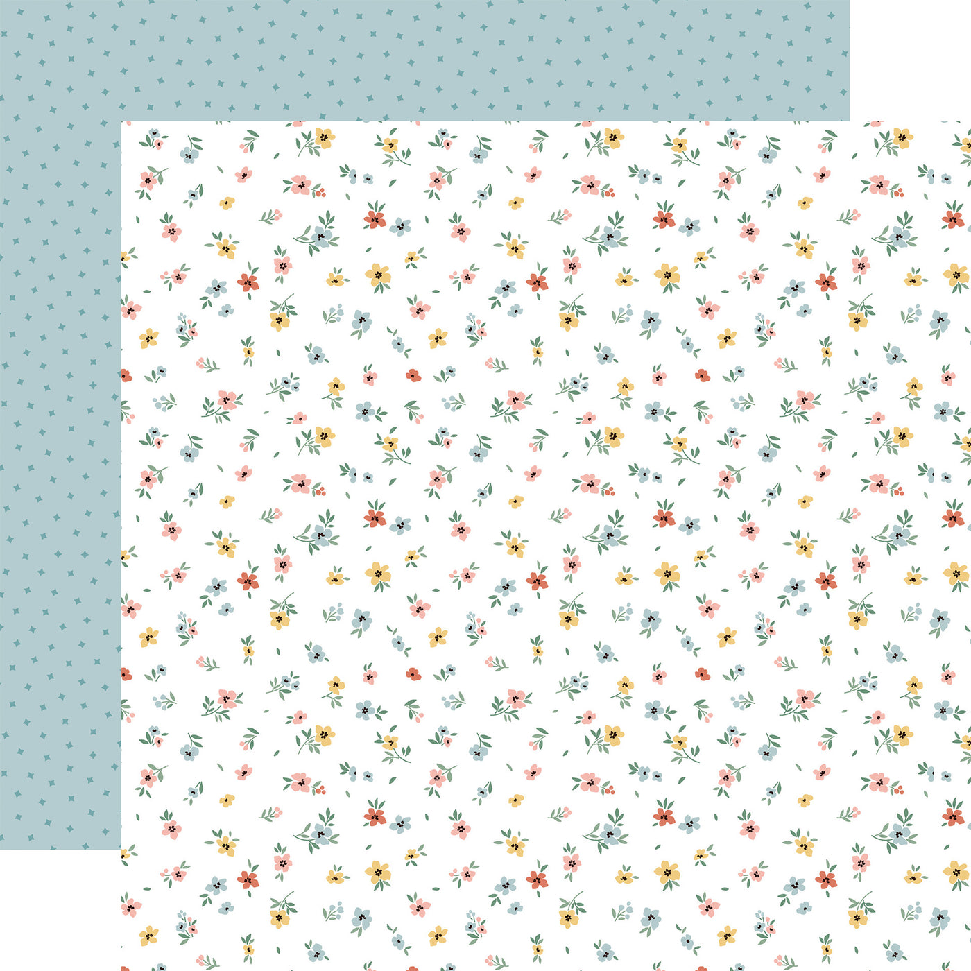 From Echo Park Paper, (Side A - small flowers in pastel colors on a white background, Side B - light blue background with a darker blue pattern)