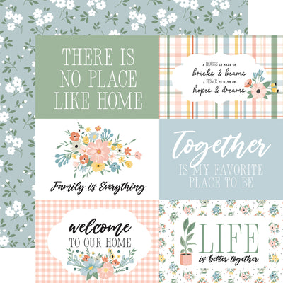 (Side A - Each square features a different design and sentimental message related to home, family, and togetherness. The color palette is soft and inviting, with pastel green, blue, pink, and yellow hues. Floral elements are incorporated into several designs, adding a touch of warmth and charm. Side B - a repeating pattern of small, delicate white flowers with green leaves scattered across a light blue background.)