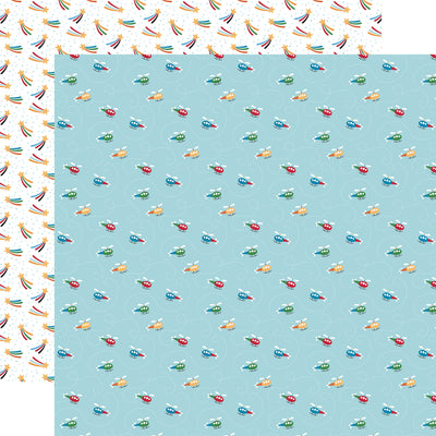 Patterned paper with small helicopter designs on a blue background, with shooting stars on a white background reverse.
