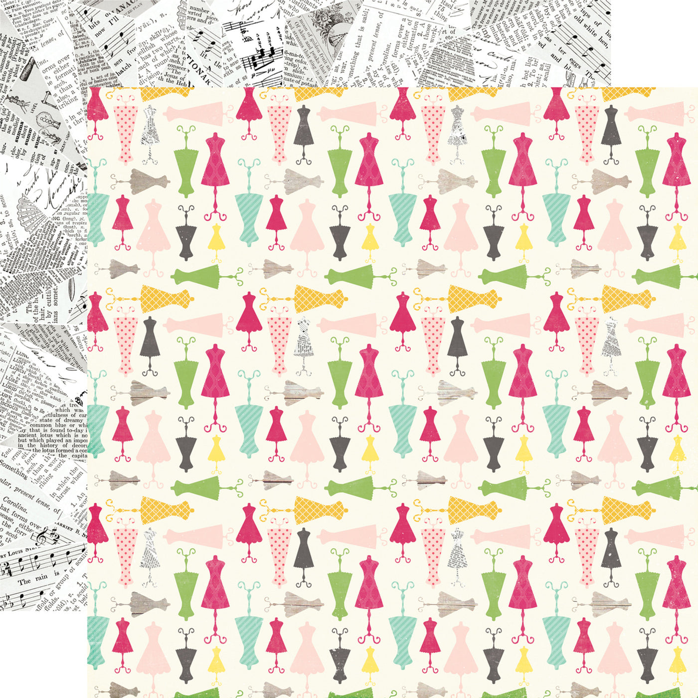 12x12 double-sided patterned paper - (green, hot pink, pink, yellow, and blue dress forms on an off-white background with black and white sewing patterns on a white background reverse)  - Echo Park Paper.
