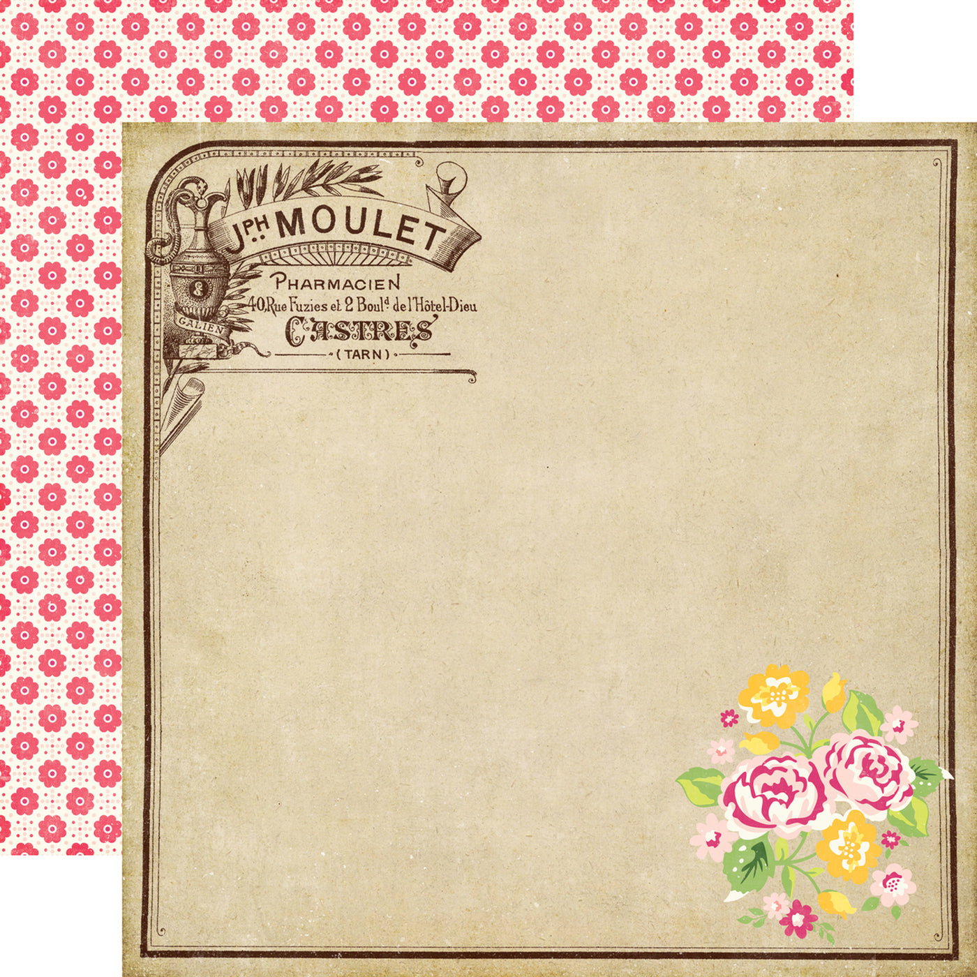 12x12 double-sided patterned paper - (fancy French label in the top left corner, pink end yellow flowers in the bottom right corner on a kraft background with rows of pink daisies and polka dots on an off-white background reverse) - Echo Park Paper.