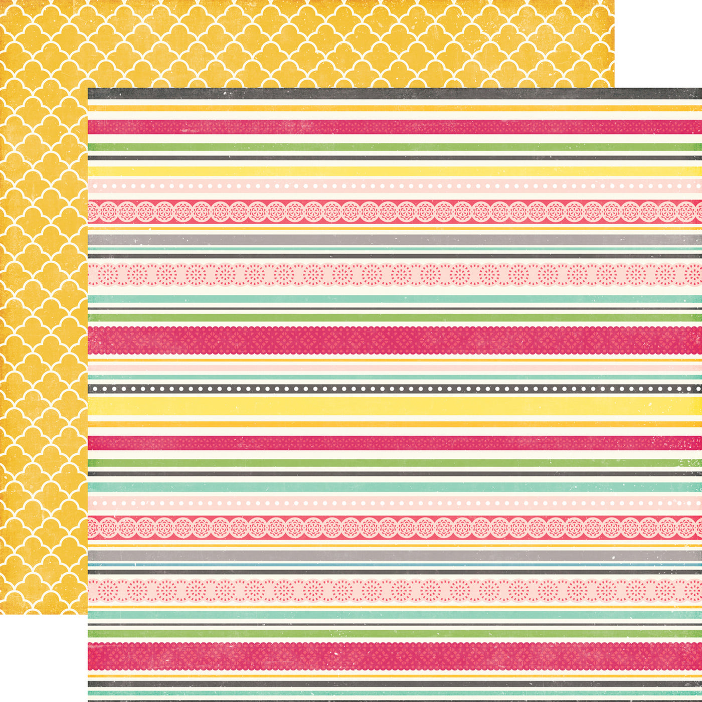 12x12 double-sided patterned paper - (green, hot pink, pink, yellow, gray, and blue stripes and patterns on an off-white background with a white lattice pattern on a yellow background reverse) - Echo Park Paper.