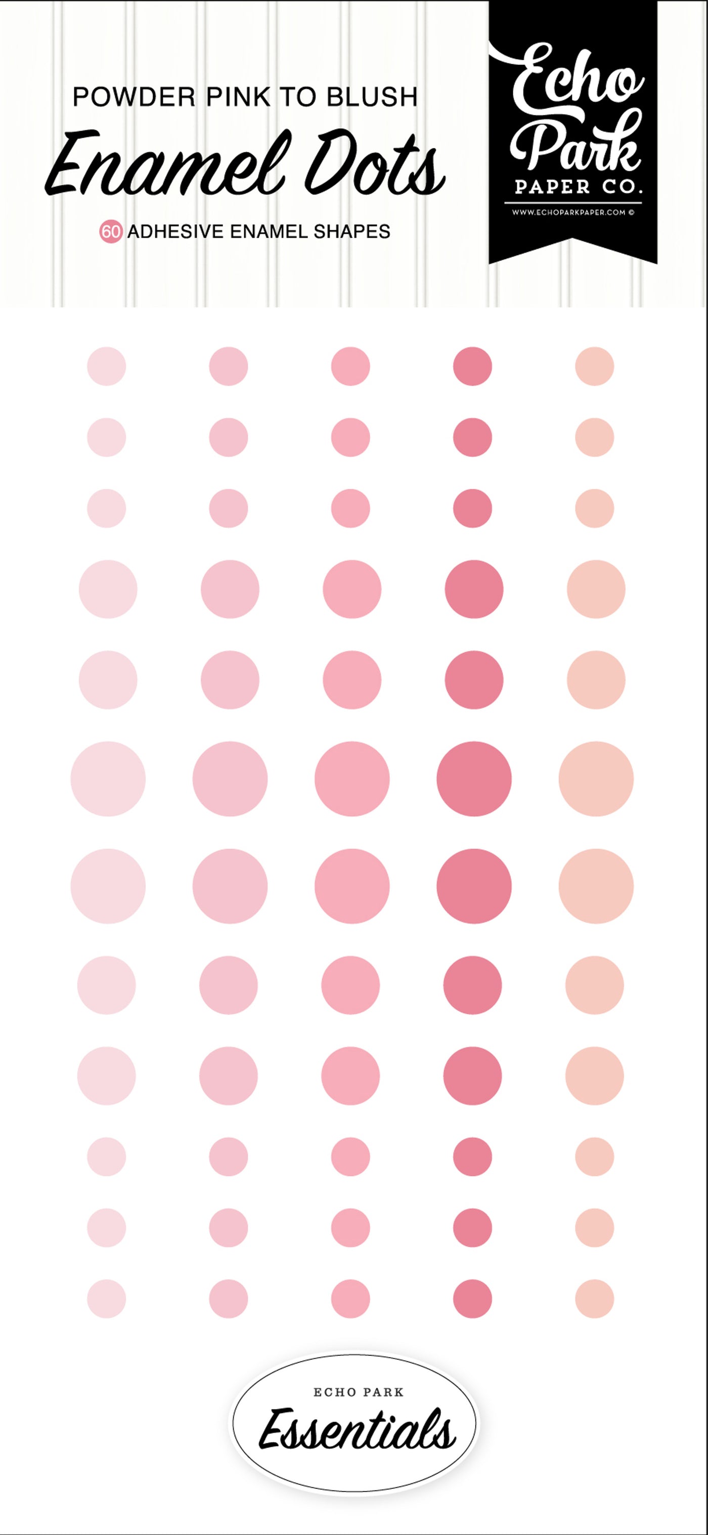 Sixty enamel dots in pinks, in three sizes, with an adhesive back, designed to coordinate with the Essentials Collection by Echo Park.