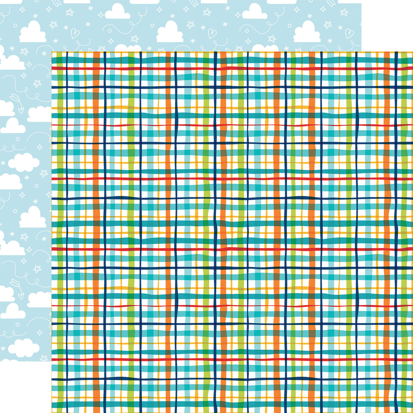 12x12 double-sided patterned paper. (Side A - plaid in blue, green, orange, and yellow on a white background. Side B - white clouds with hearts and stars on a light blue background); archival quality and acid-free.