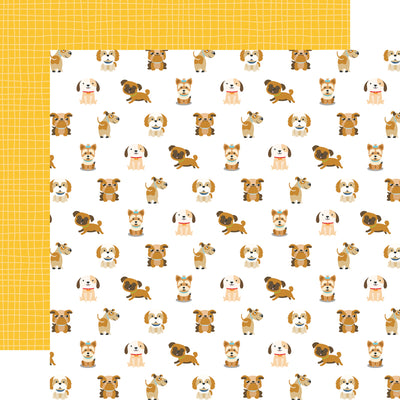 12x12 double-sided patterned paper. (Side A - rows of cute puppy dogs on a white background. Side B - white lined plaid on a yellow background); archival quality and acid-free.
