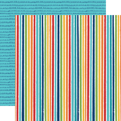 12x12 double-sided patterned paper. (Side A - stripes in blue, green, orange, and yellow on a white background. Side B - navy squiggles on a turquoise background); archival quality and acid-free.
