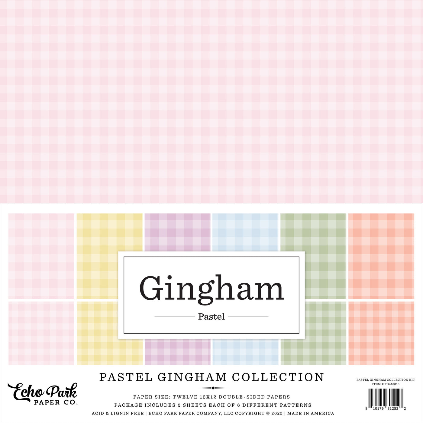 Twelve double-sided sheets with a gingham design in six pastel colors. This is a great foundation for paper crafting. It is 12x12 inch textured cardstock.