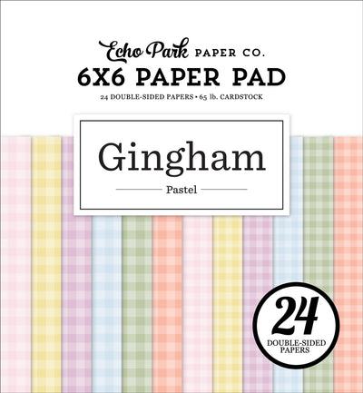 Soft, pastel colors in gingham patterns. 24 double-sided 6x6 pages for paper crafting projects. By Echo Park Paper Co.