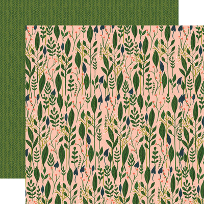 (Side A - various green plant leaves and floral sprigs on a peach background; Side B - rows of dark green leaf patterns on a green background)