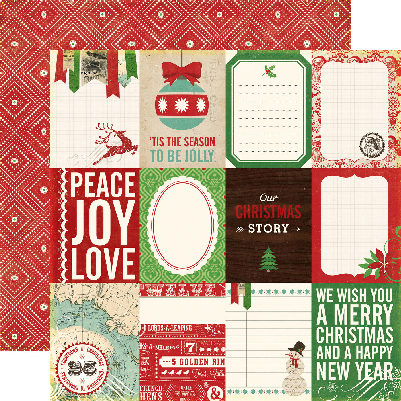 (Side A - Christmas journaling cards and phrases on an off-white background, Side B - white diamond pattern on a red background). Archival safe.