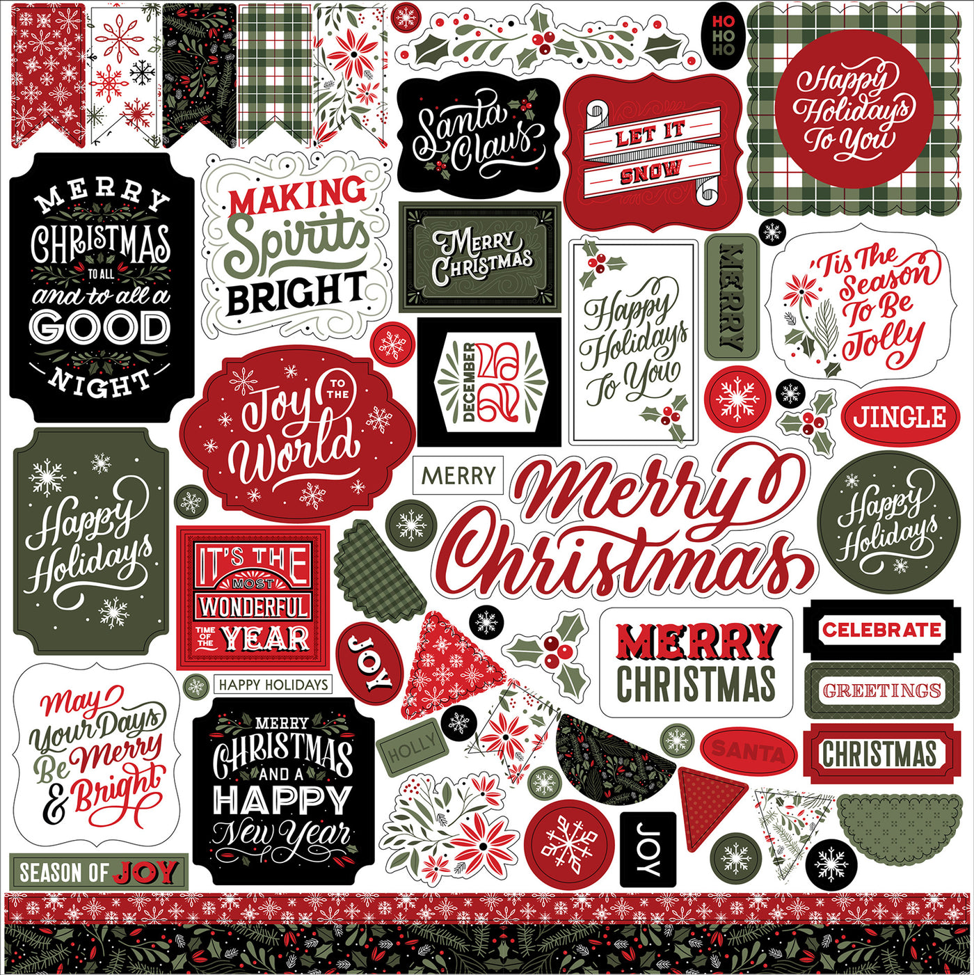 Christmas Salutations Elements 12" x 12" Cardstock Stickers from the Christmas Salutations Collection by Echo Park. These stickers include poinsettias, banners, holly, phrases, borders, and more!  