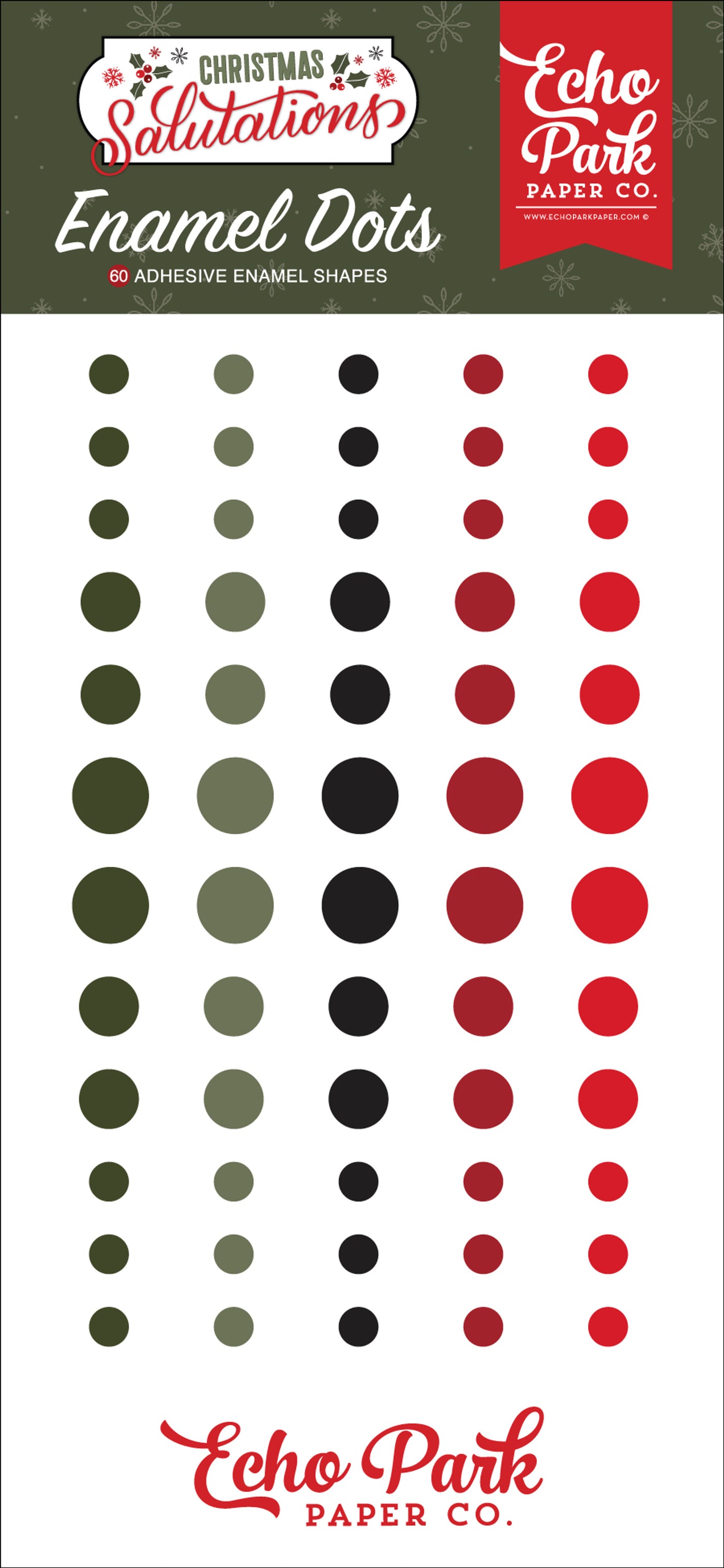 Sixty enamel dots in greens and reds, in three sizes, with an adhesive back, designed to coordinate with the Christmas Salutations Collection by Echo Park.