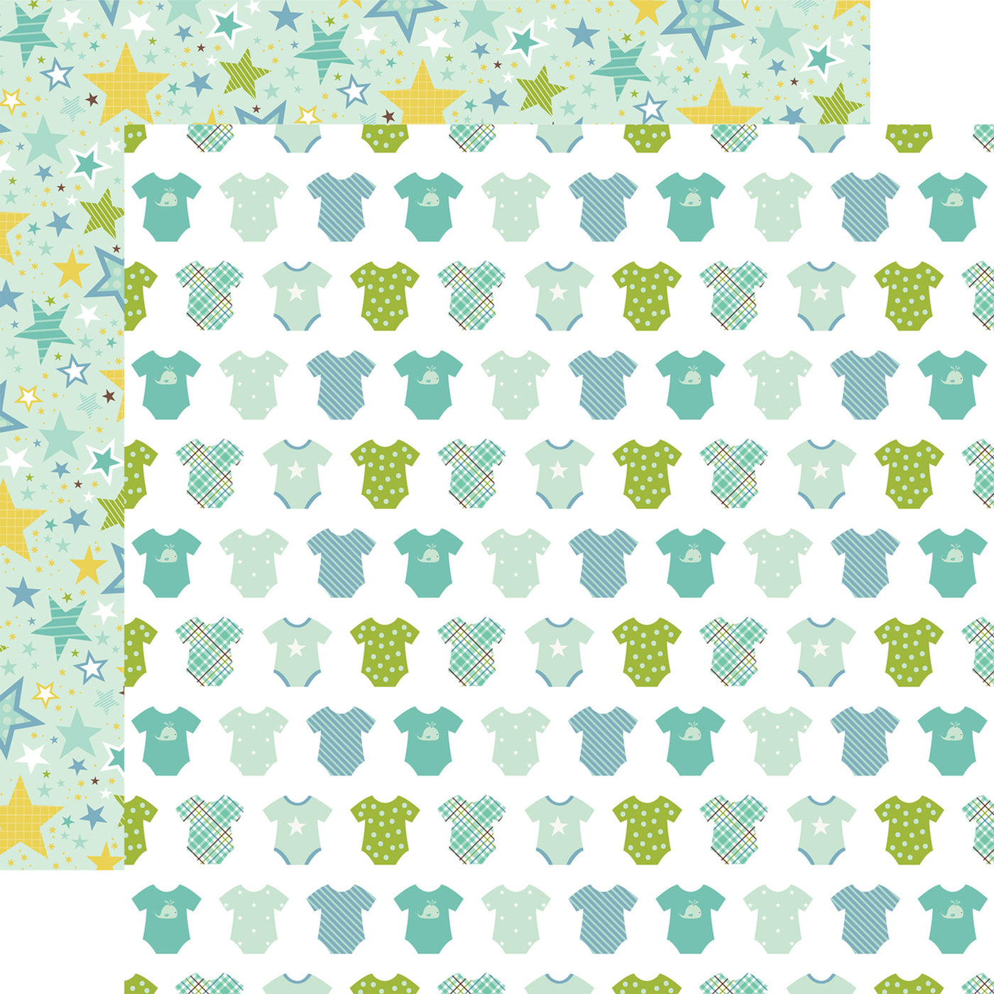(Side A - rows of cute little baby onesies in baby blue, green, and turquoise on a white background; Side B - different sizes of stars in coordinating colors and patterns all over on a light green background)- from Echo Park Paper.