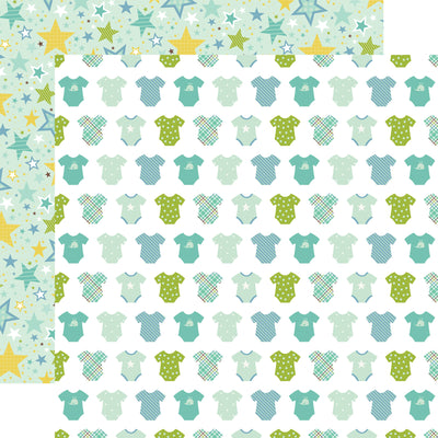 (Side A - rows of cute little baby onesies in baby blue, green, and turquoise on a white background; Side B - different sizes of stars in coordinating colors and patterns all over on a light green background)- from Echo Park Paper.