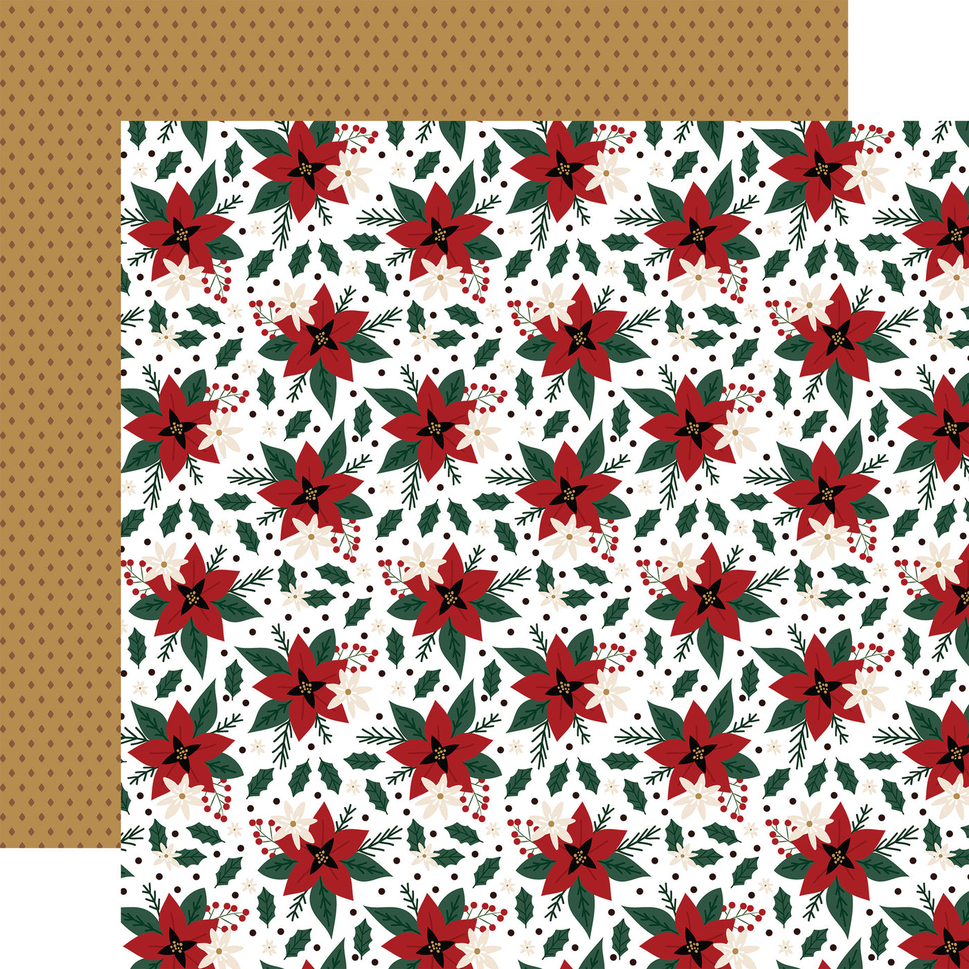 Christmas-themed paper with red poinsettias and green leaves on a white background, tan pattern reverse.