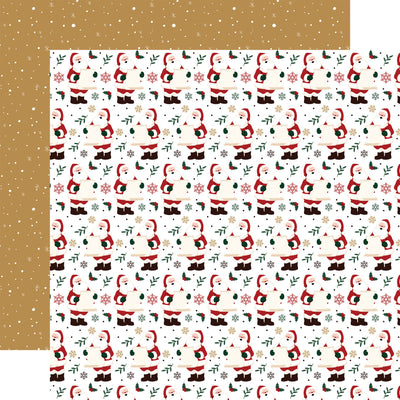Patterned paper with a Santa Claus design on the front and a gold and white background on the reverse.