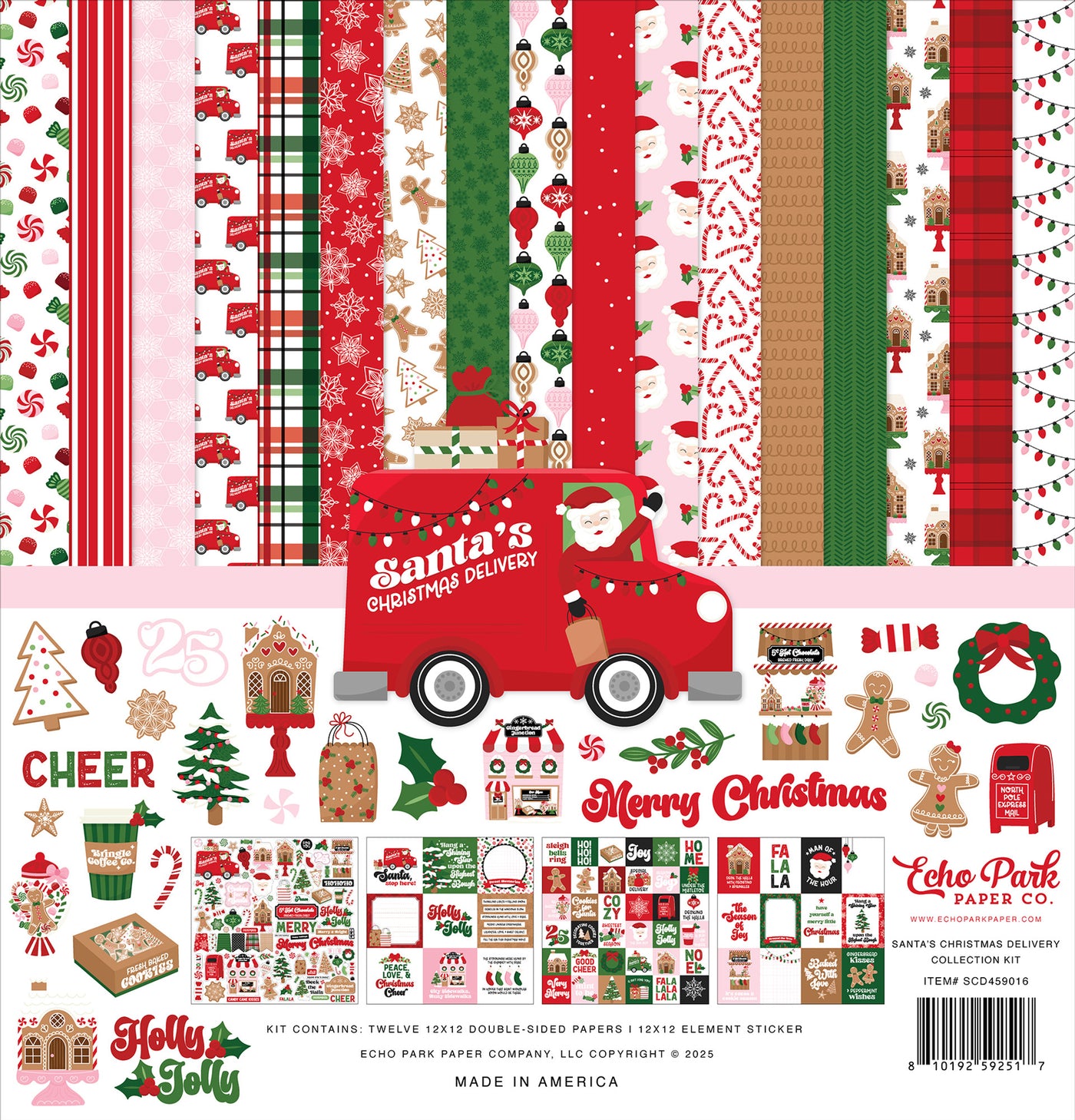 Collection of Christmas-themed paper sheets and stickers with a red, green, and pink palette.