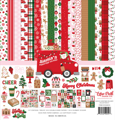 Collection of Christmas-themed paper sheets and stickers with a red, green, and pink palette.