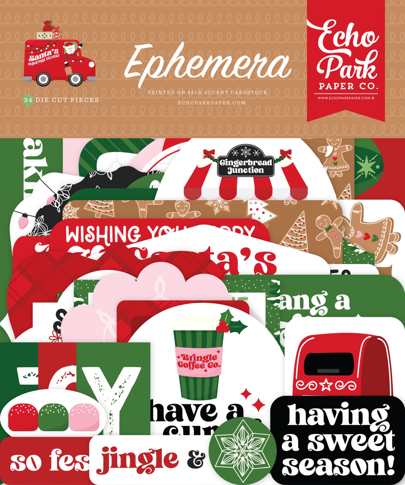 Collection of die-cut pieces with holiday-themed designs.